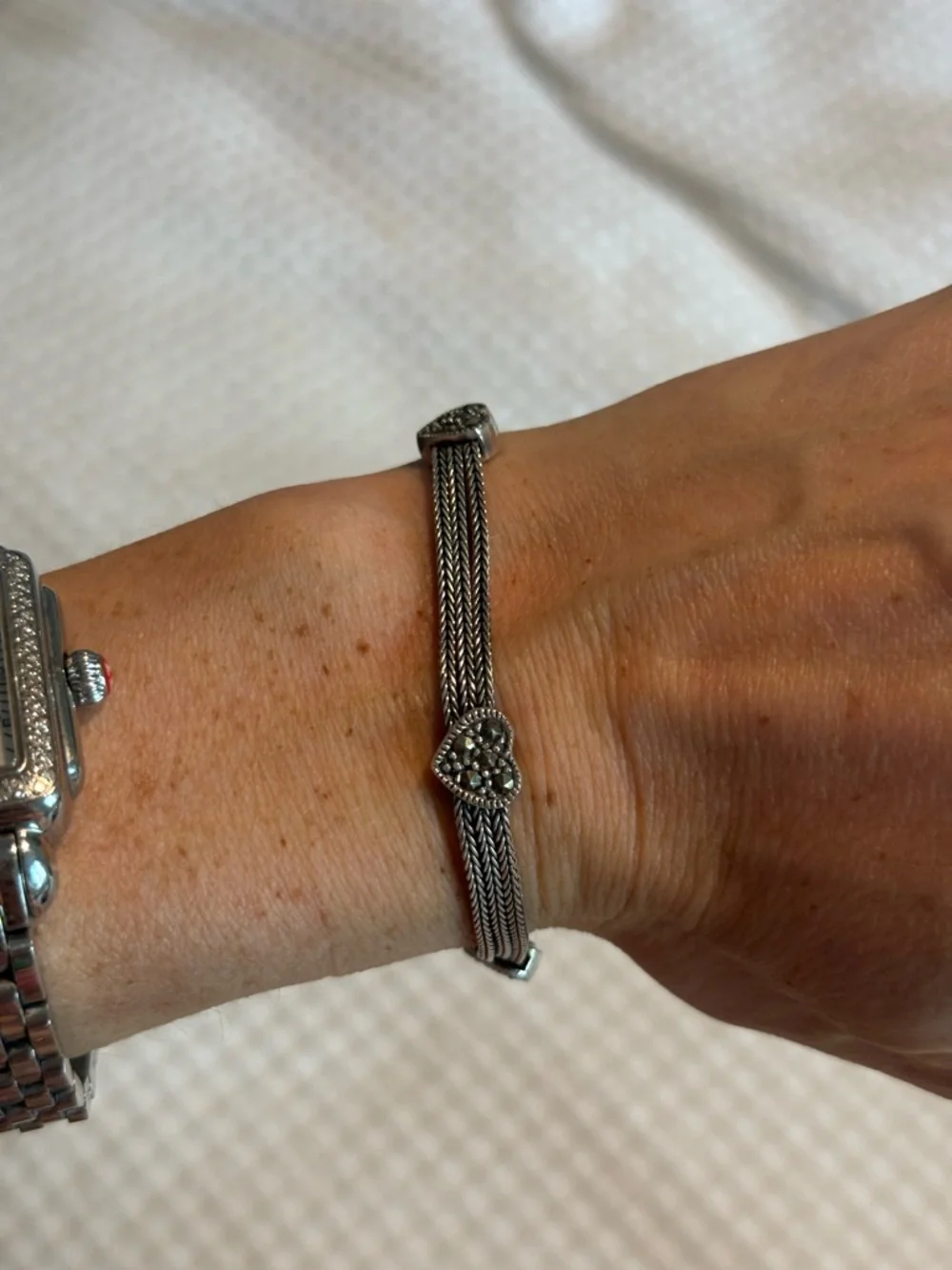 925 Sterling Silver Marcasite Heart Multi Strand Bracelet Vintage Italy Style - Picture 2 of 4